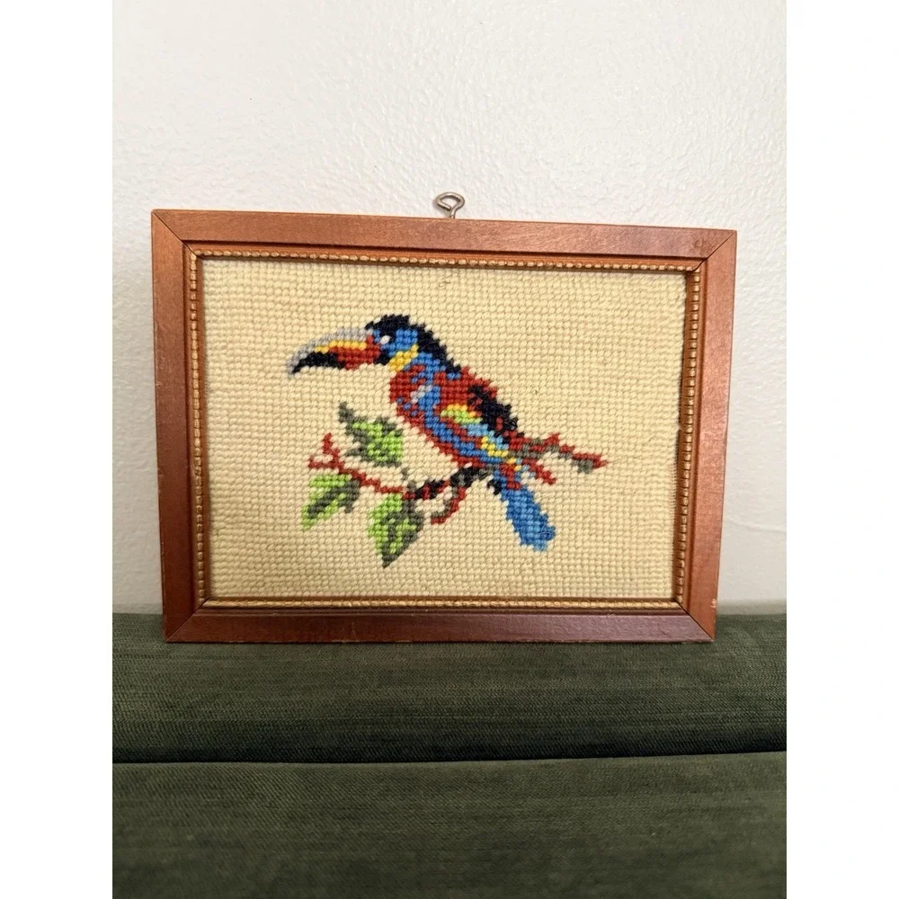 Vintage Framed Needlepoint Artwork Hand Stitched Toucan Bird On A Branch